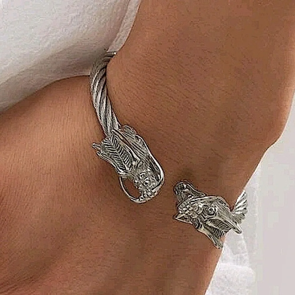 Silver Double Headed Dragon Twisted Bangle Cuff Unisex Bangle Bracelet